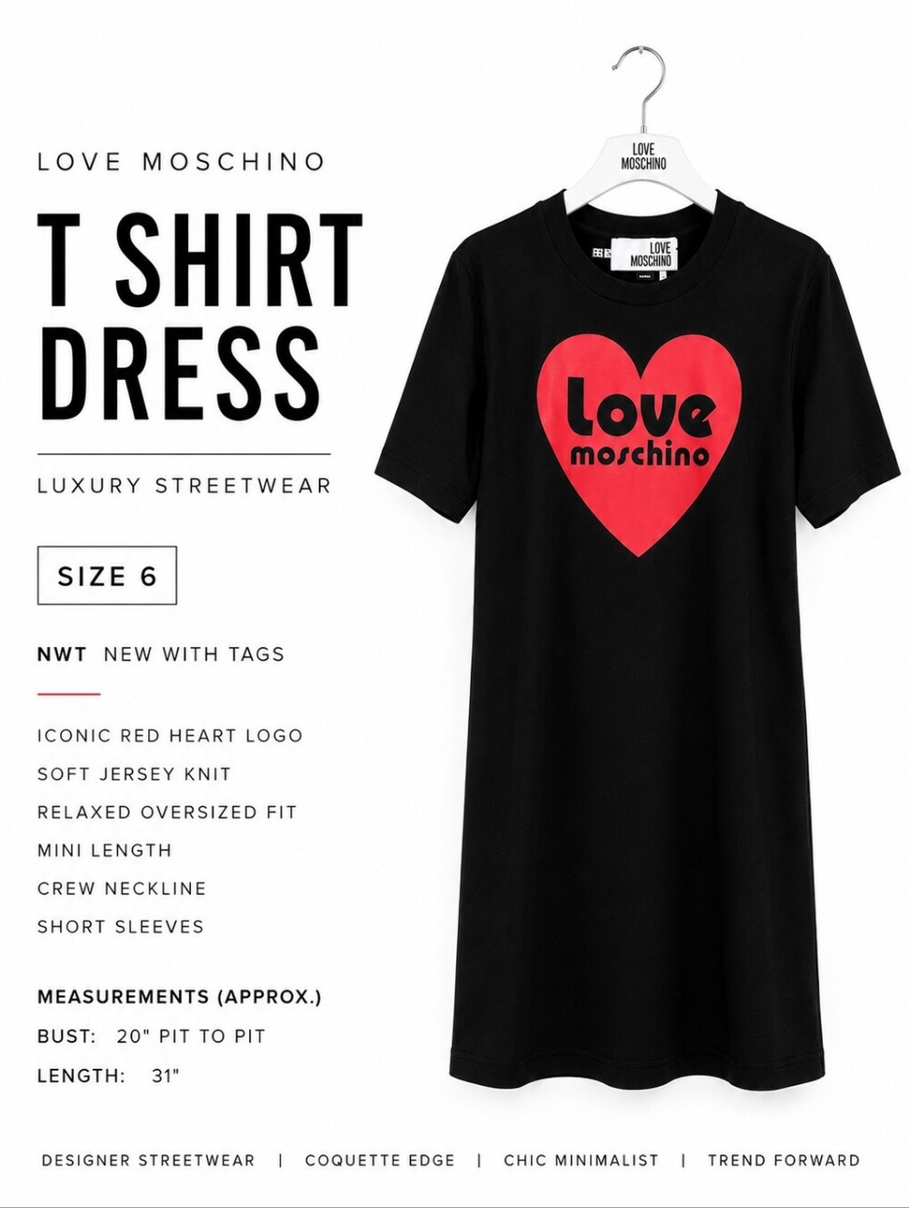 NWT Love Moschino Black Red Heart Mini T-Shirt Dress Size 6 Coquette Streetwear